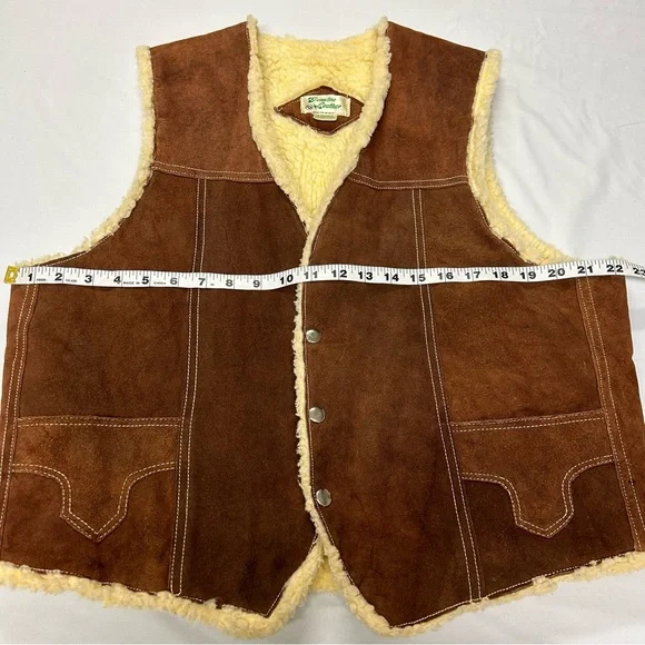 Vintage Genuine Suede Leather Faux Sherpa Vest Snaps Pockets Brown Unisex Large - Picture 11 of 16